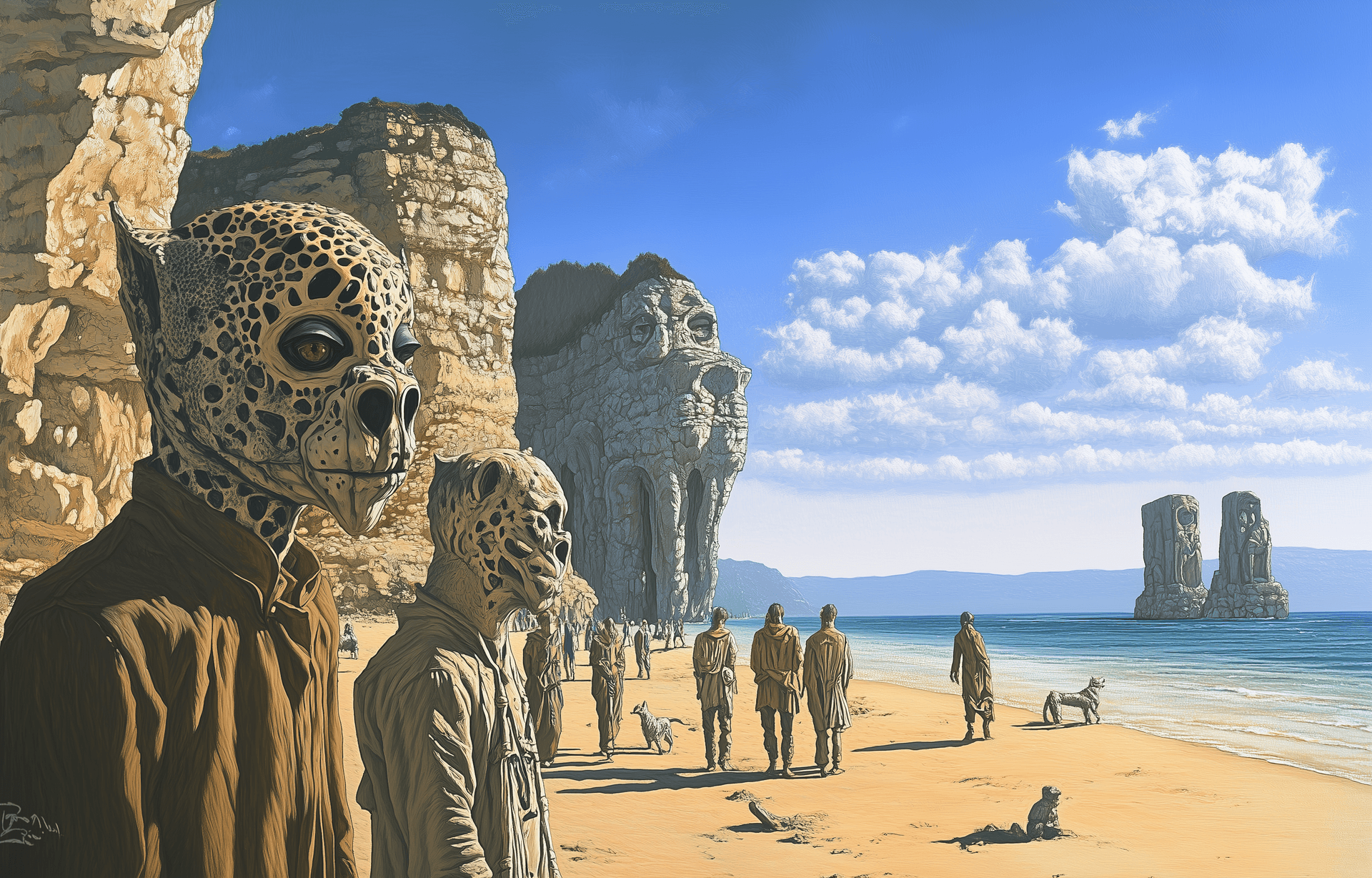 AI generated: A fantasy painting in the style of Roger Dean, depicting people wearing animal masks walking on a be...