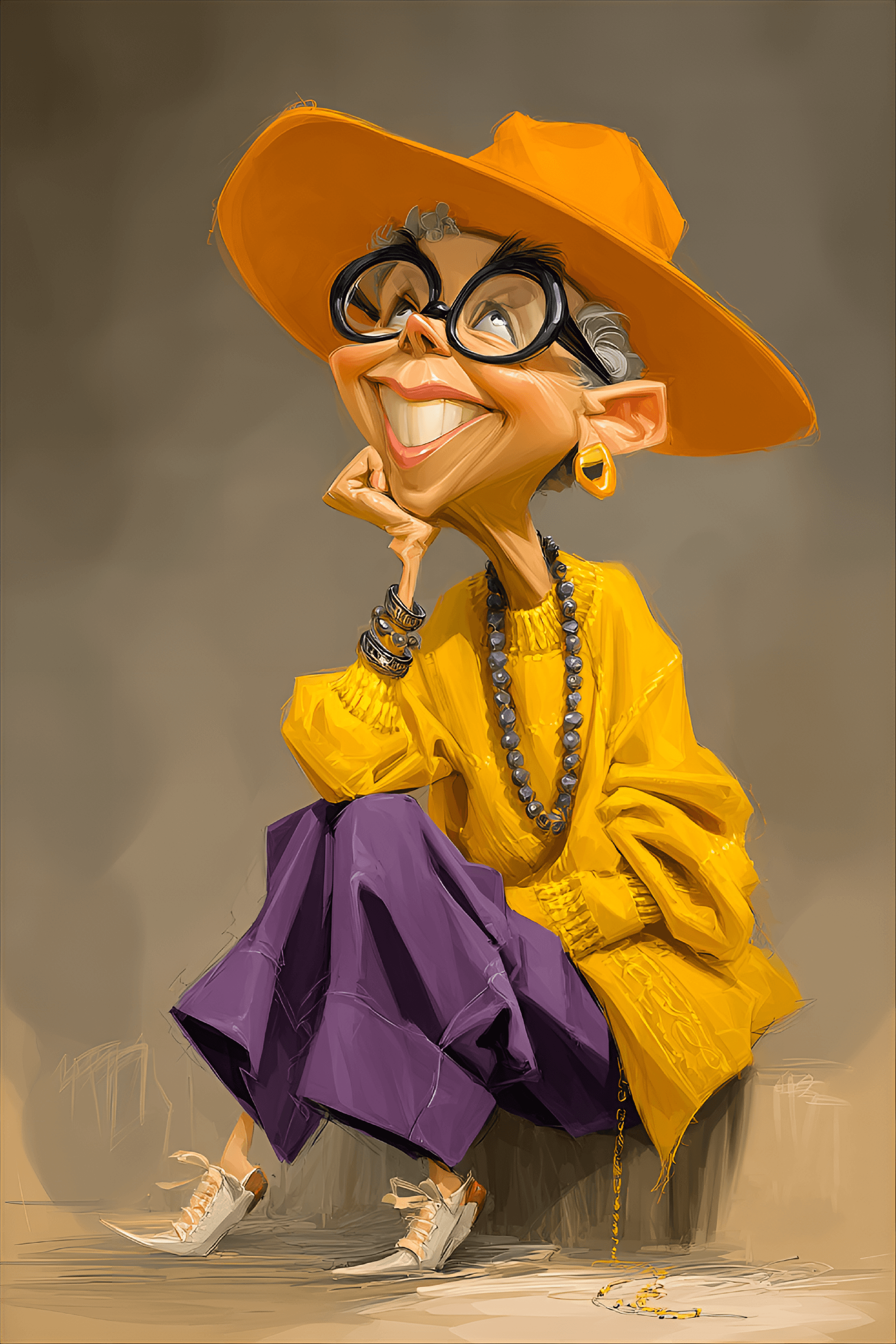 AI generated: funny caricature, animated character caricature, elderly asian female, 62 years old, thin, spectacle...