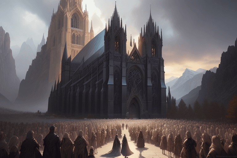 AI generated: gathering outside of grand gothic church, mountainous, beautiful, d & d, fantasy, intricate, elegant...
