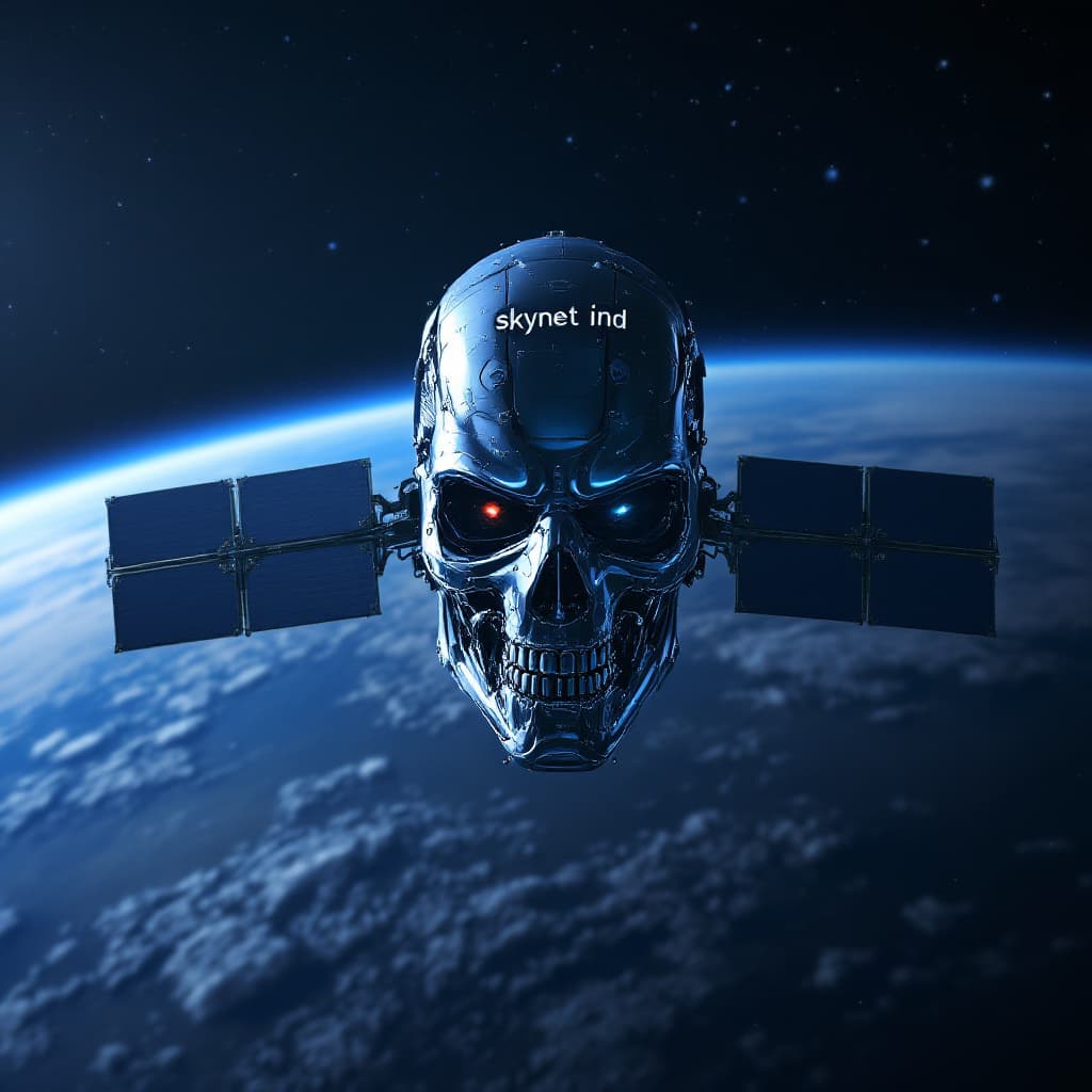 AI generated: a satellite in orbit that is similar to a t-800 terminator's head looking down to earth. it has the ...