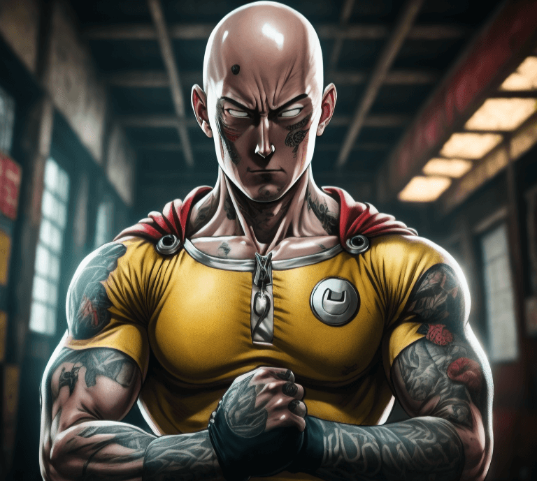AI generated: Realistic older One Punch Man with tattoos, (detailed stunning environment), cinematic, cover art, s...