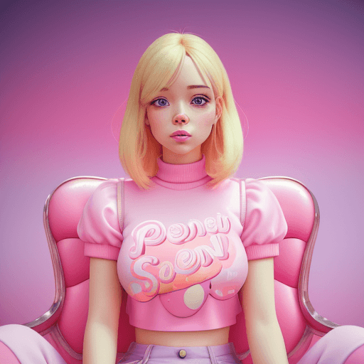 AI generated: camera: 50mm lens. f8 blond woman sitting on a pink chair in a pink ice cream parlor, sydney sweeney...