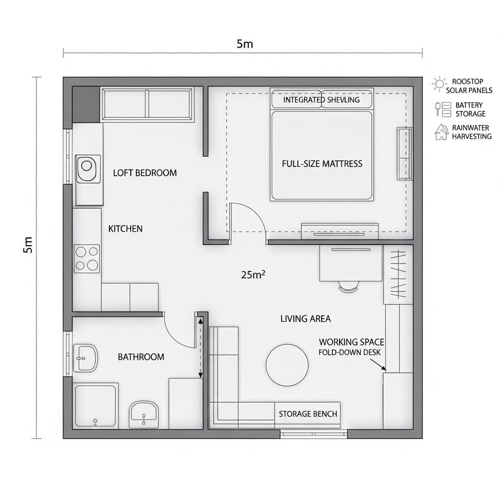 AI generated: The plan of a small energy autonomous house 25m². Place kitchen and bathroom as a protrusion on the ...