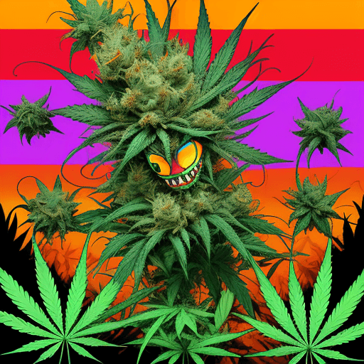 AI generated: a crazy monster doing colorfoul flowers of marijuana