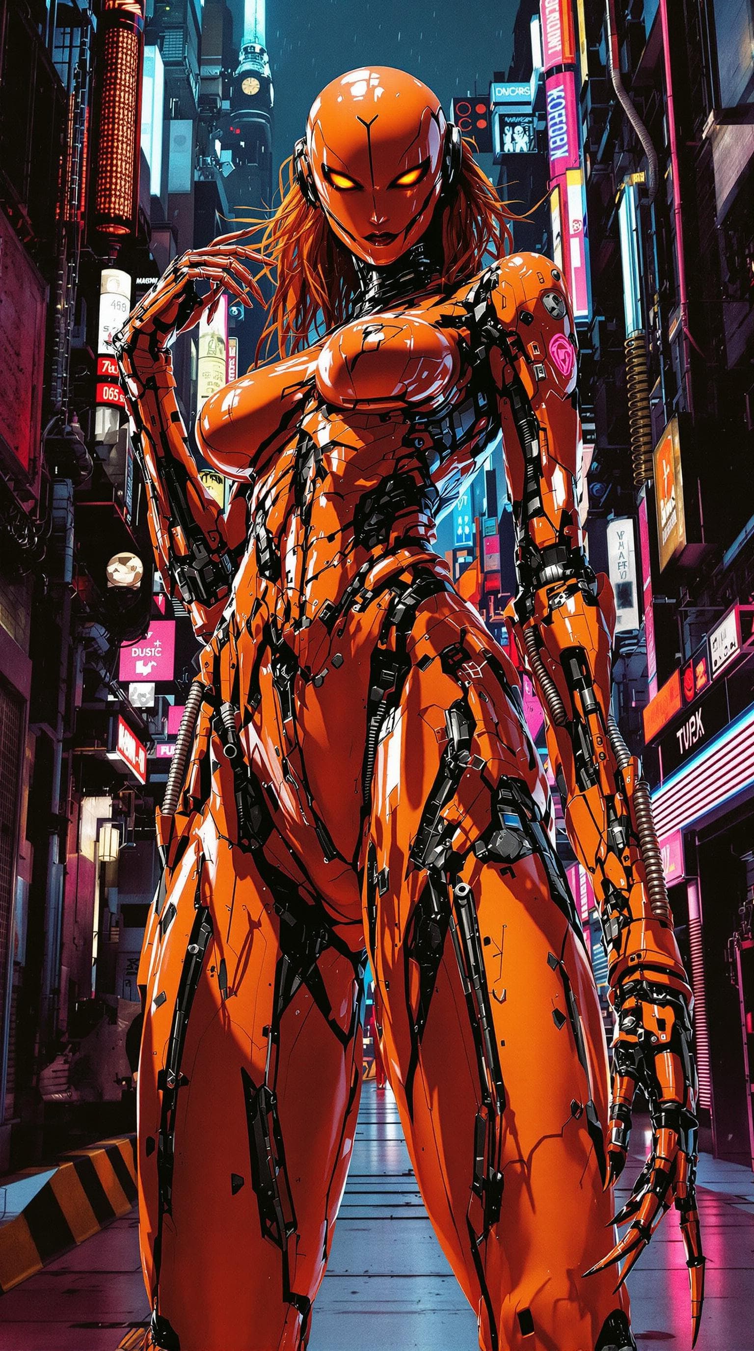 AI generated: A striking, full-body pin-up illustration of a rebellious cyber figure in vibrant orange. Set agains...