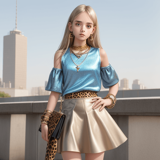 AI generated: A girl, teenager, metallic jewellery, beige skirt with leopard print, sky blue top, ar 69:128 --s 75...