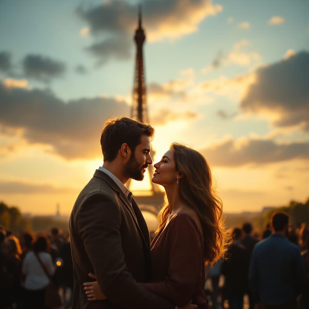 AI generated: A rare man and his fiancée standing in front of the Eiffel Tower in Paris, gazing deeply into each o...