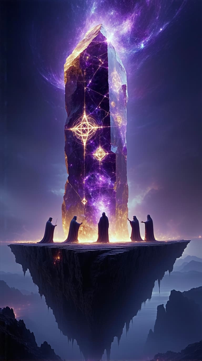 AI generated: Three celestial artisans, clad in robes woven from gilded nebulae, carve a grand, floating temple fr...