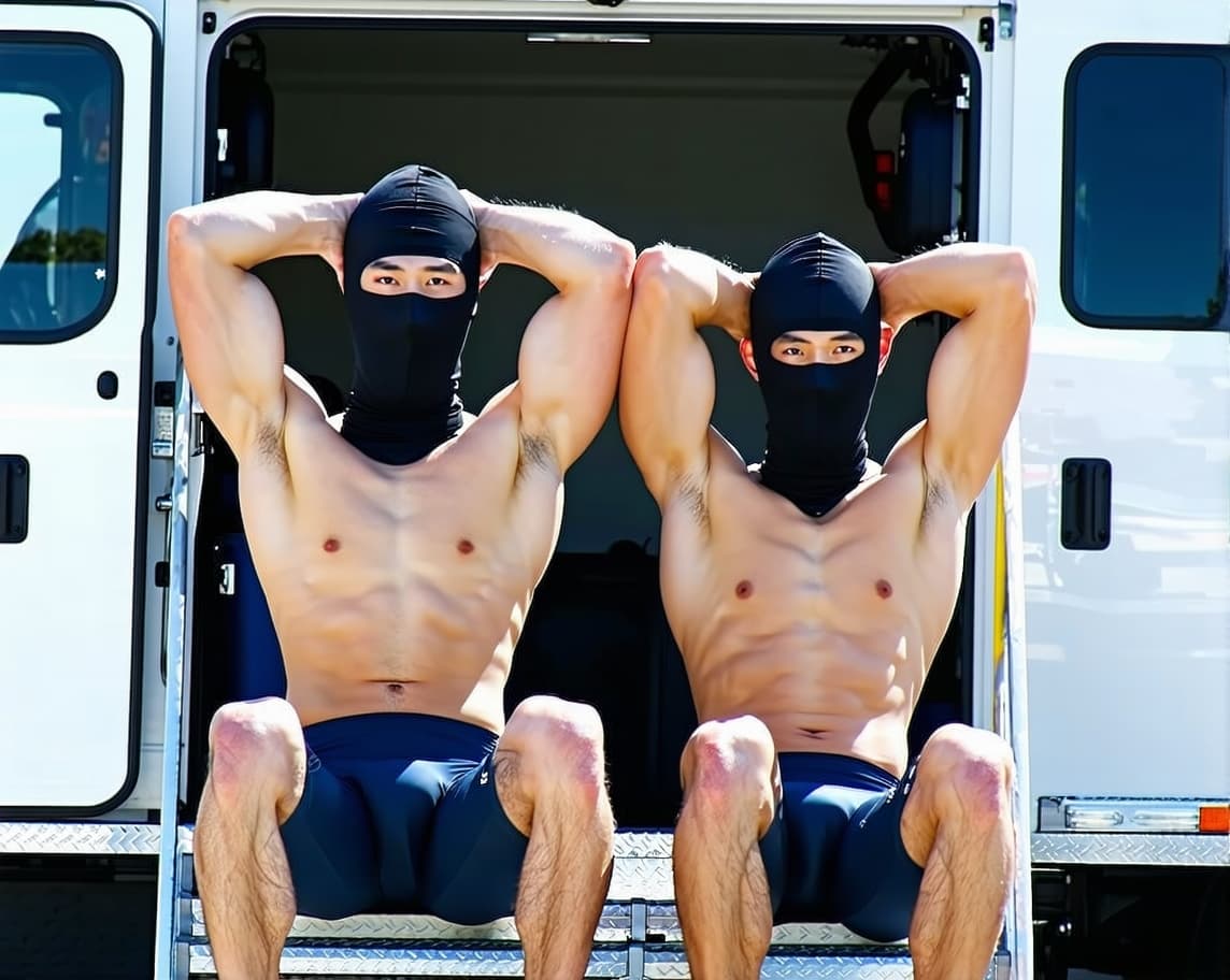 AI generated: Two male Chinese strong swimmers wearing compression swimming jammer shorts in navy color were arres...