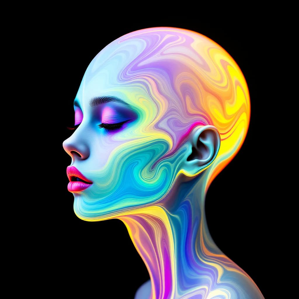 AI generated: a dreamlike, high-contrast, vibrant, flat-side-profile view of a glowing, bald, genderless, humanoid...