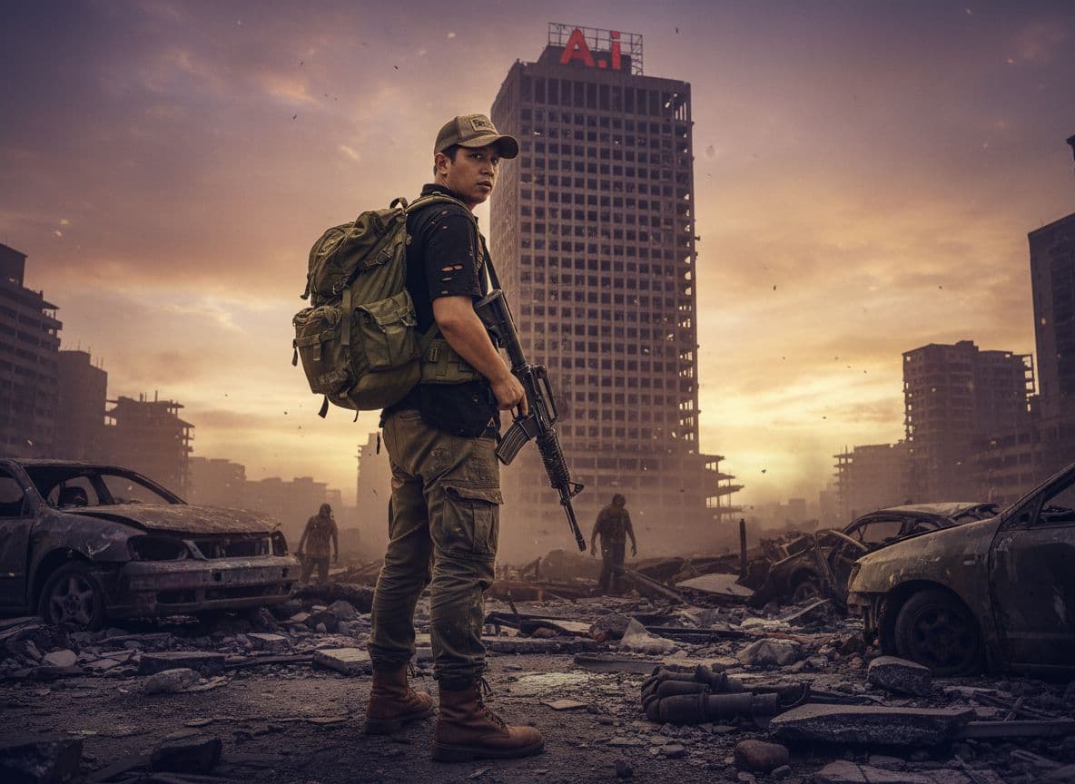 AI generated: A cinematic, full-body shot of a lone survivor using image 1 with exact facial feature from the back...
