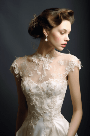 AI generated: Vintage, romantic, and delicate designer lace wedding gowns with intricate embroidery and pearl acce...