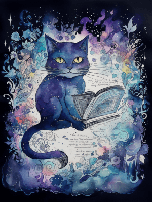 AI generated: Watercolor, outline blue and purple, whimsical dark violet background, fantasy book page, Studio Ghi...