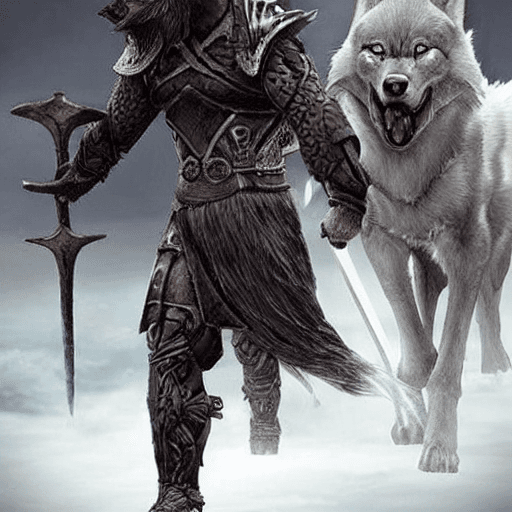AI generated: An epic hyper-realistic portrayal of a magical warrior facing a giant wolf in an intense battle. Ins...