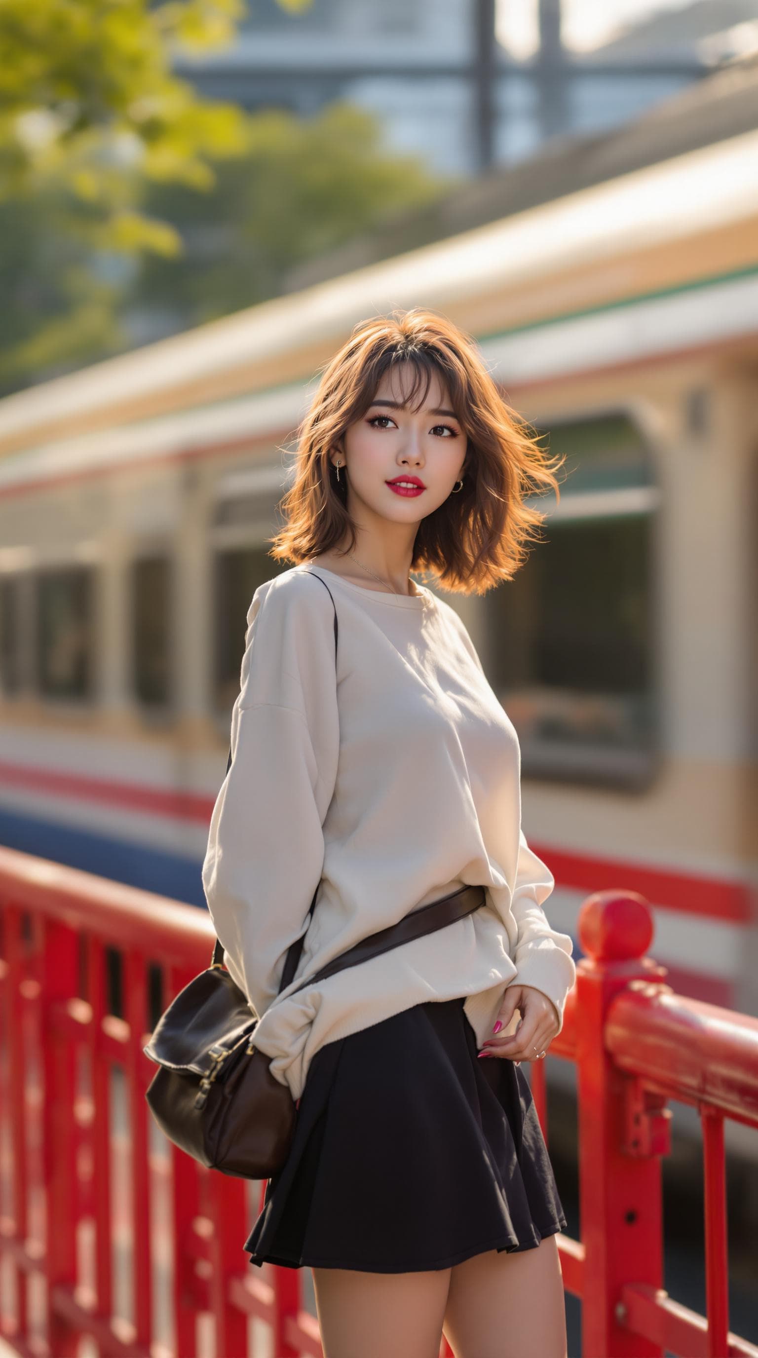AI generated: A Korean woman stands confidently on a vibrant red railing, dressed in a casual mini skirt and loose...
