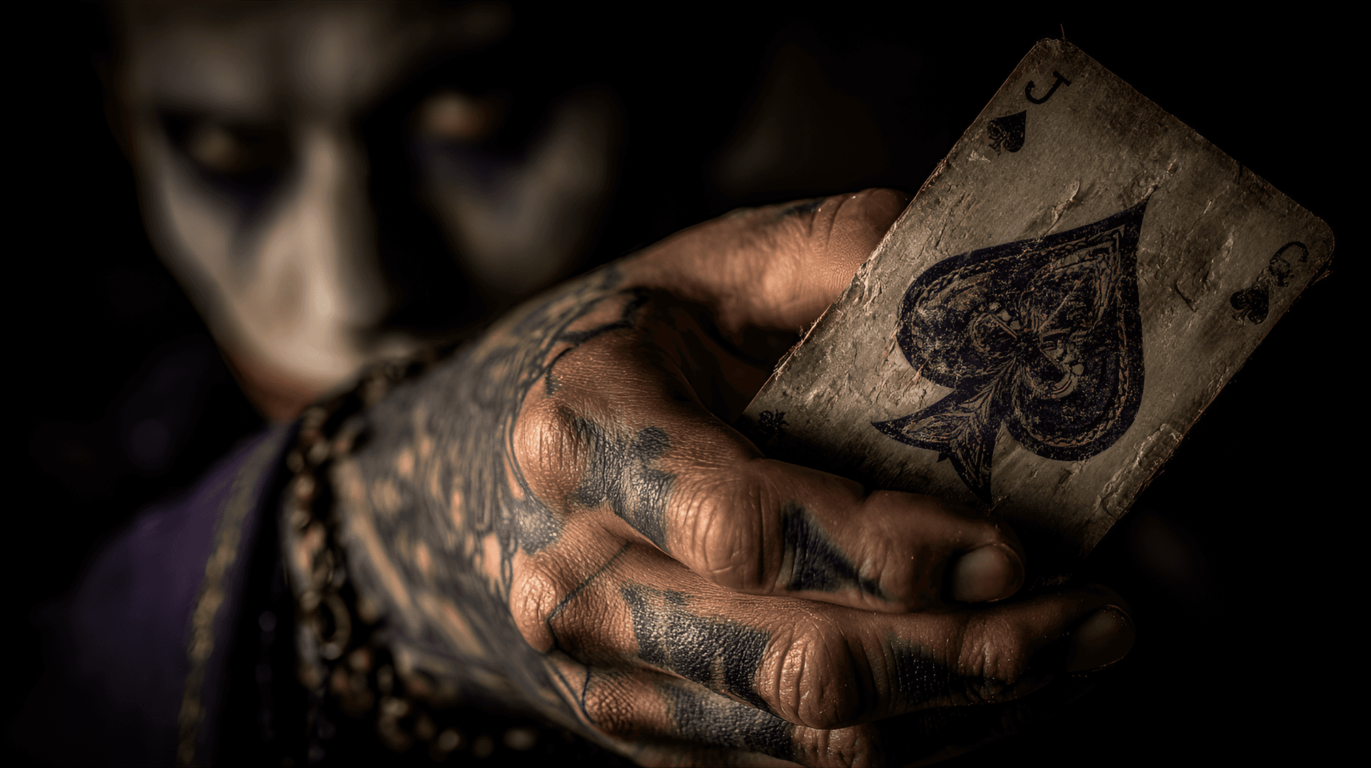 AI generated: Close-up, tattooed hand holding a weathered playing card, Joker face in background, dramatic lightin...