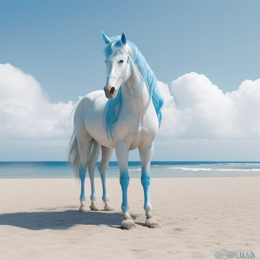 AI generated: Caballo con las patas de delante levantadas en una playa, cielo azul con nubes de algodón blancas y ...