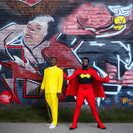 AI generated: a blackman in a red and yellow superhero suit  fighting a white man in a dog superhero suit, in fron...