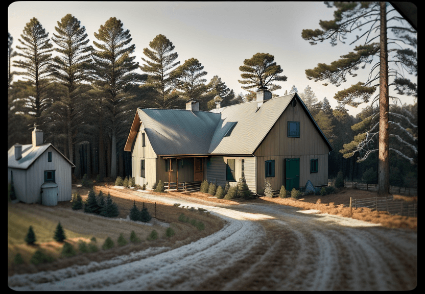 AI generated: hyperrealistic farm bird view of small house. winter colours. pine trees. oak tree. 35mm photograph ...