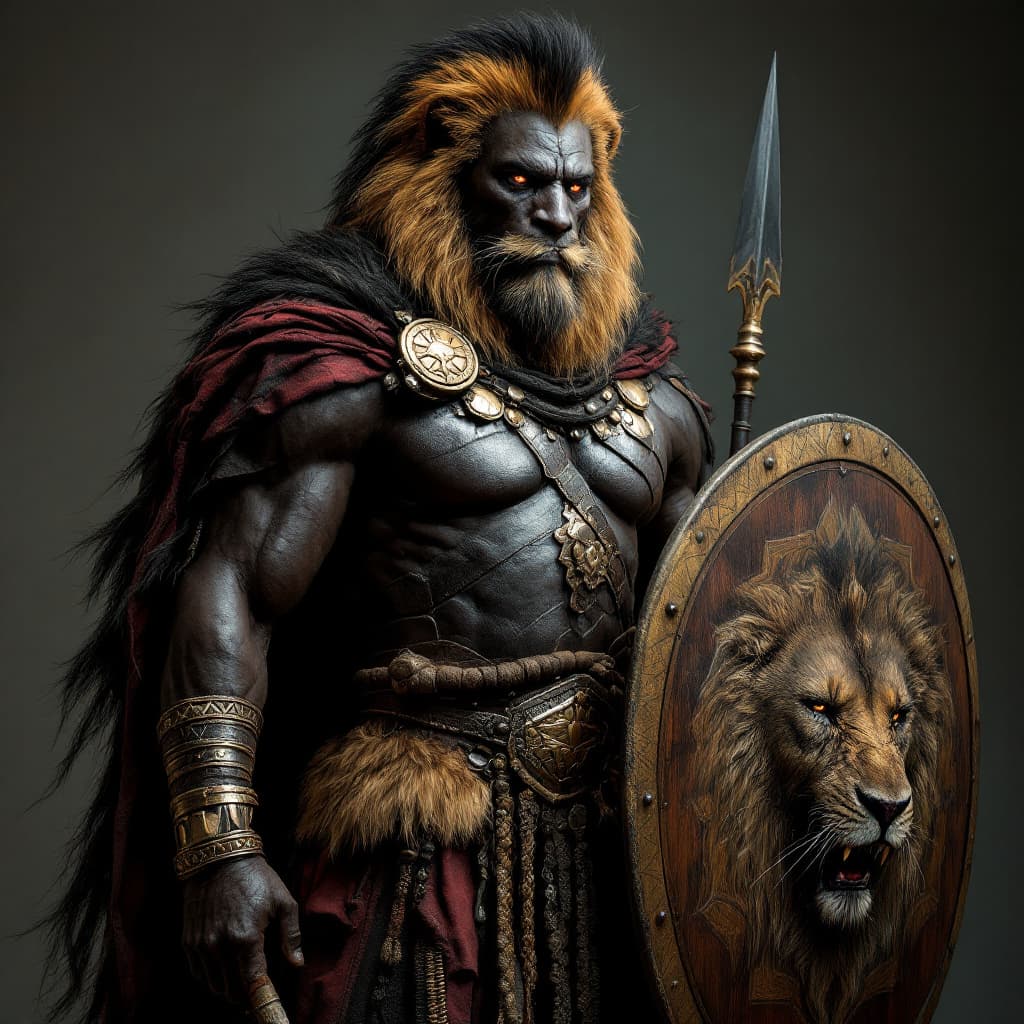 AI generated: A 14ft tall black African Warrior , with Zulu style armour with shield and Spear with the head of a ...