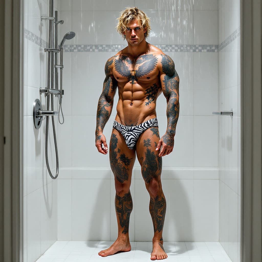 AI generated: Full body view, tall toned jock, blue eyes, wavy blond messy hair, lots of tattoos, eagle chest tatt...
