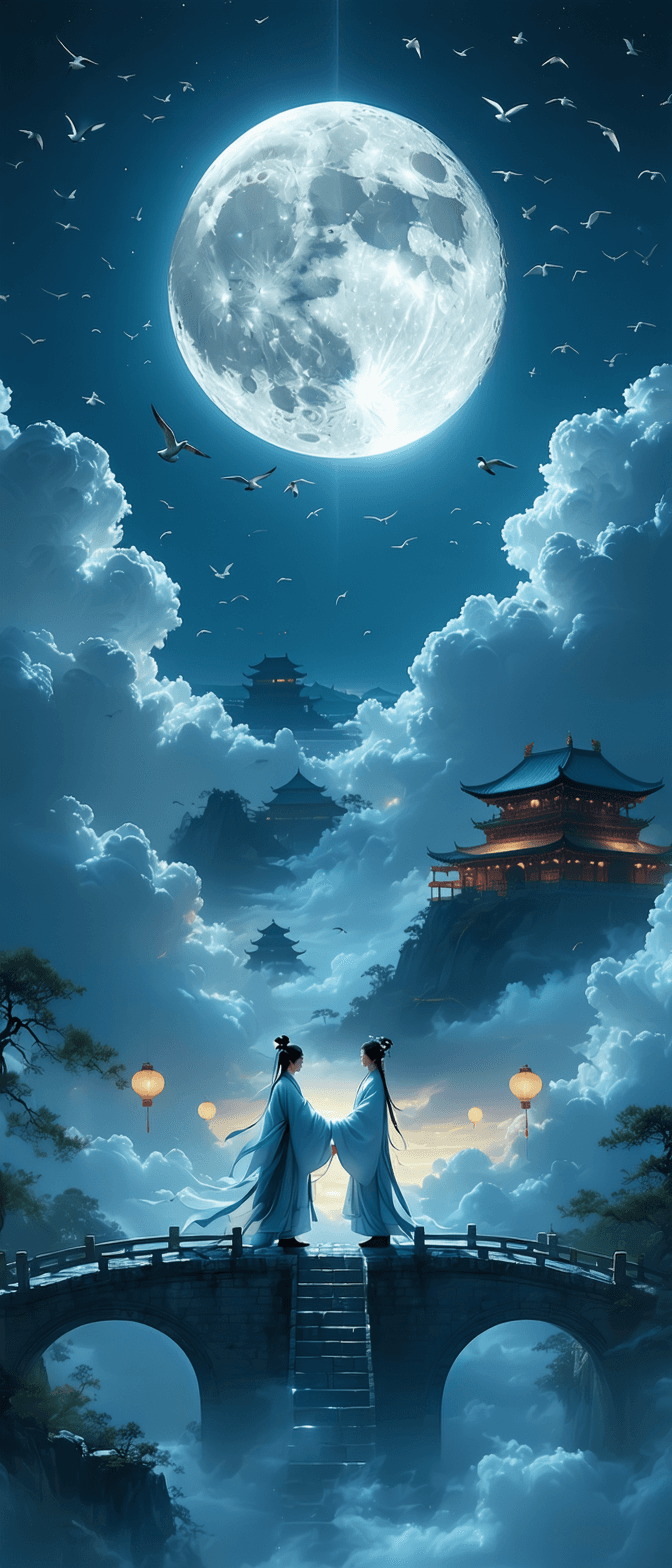 AI generated: At night, the round moon hangs in the sky. In Japanese mythology,  the two boys wearing Hanfu, face ...