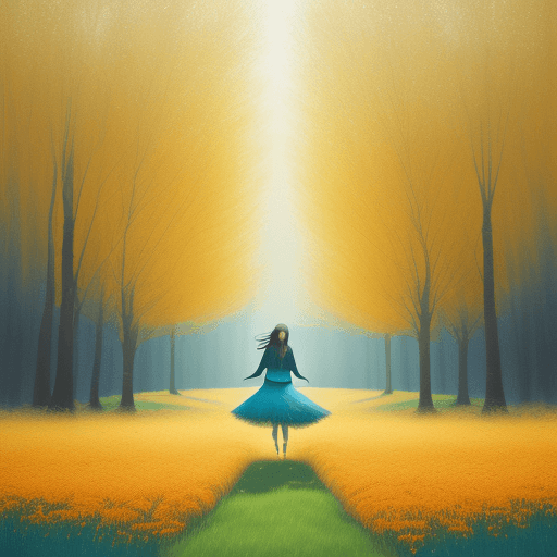 AI generated: a girl walking through a field, in the style of ethereal trees, dark yellow and azure, majestic, swe...