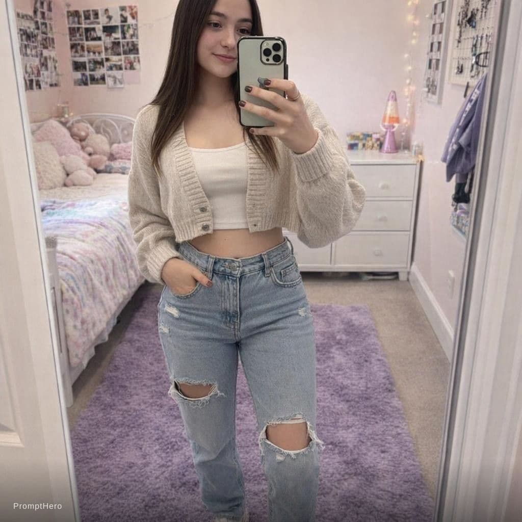 AI generated: The girl in a teenagers room showing off an outfit 