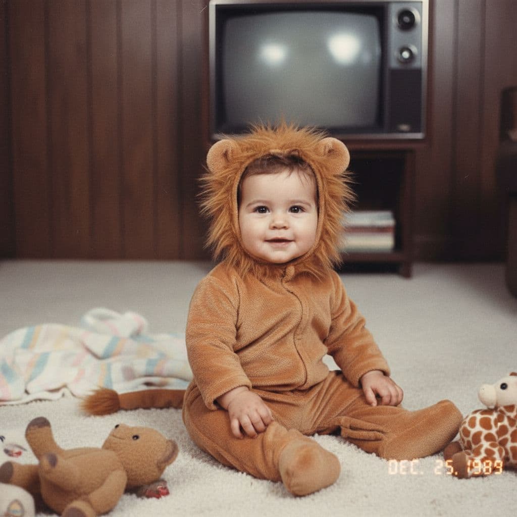 AI generated: make a baby picture from 1989, brown eyes, brown hair. lion costume