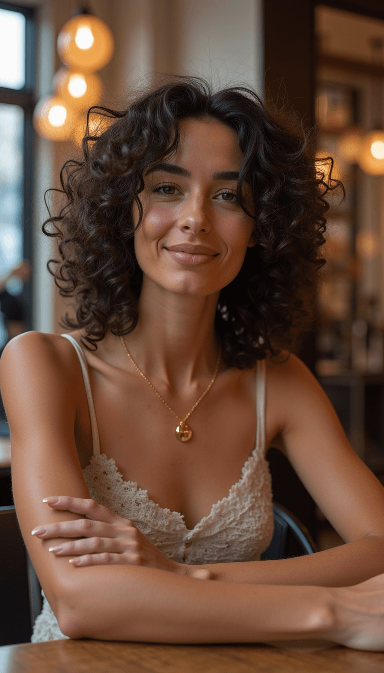 AI generated: A woman with curly dark hair, seated at a table in a casual setting, wearing a lacy light-colored ca...