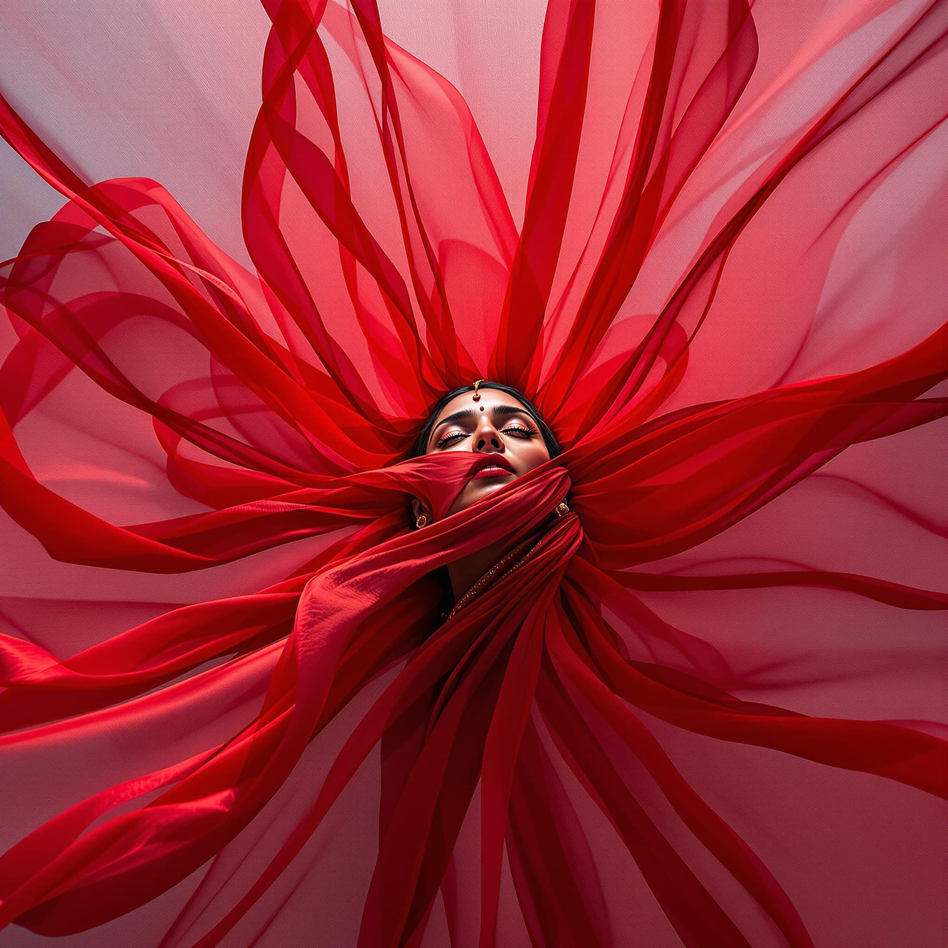 AI generated: Fashion photograph in the style of “bug’s-eye view” of a beautiful 45yo old Indian women wearing flo...