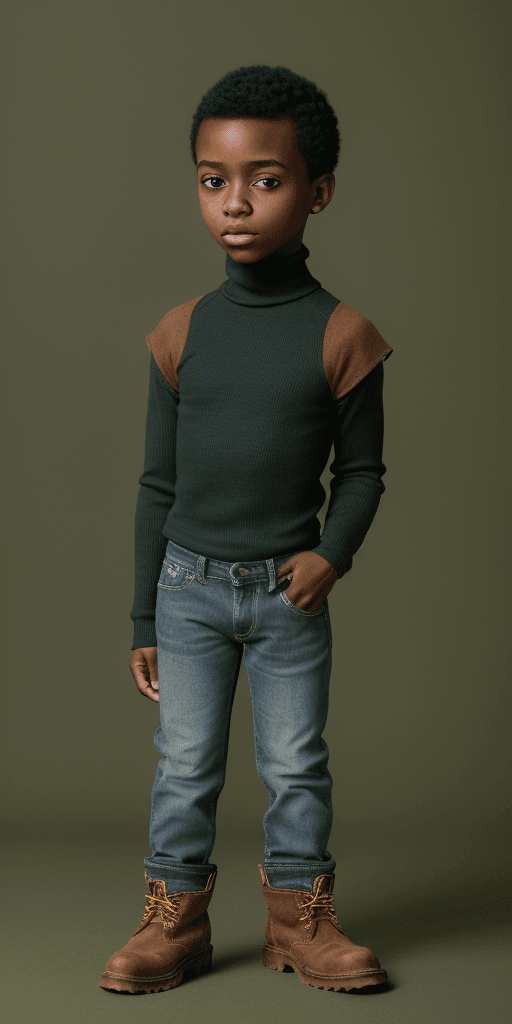 AI generated: [[[((clothes with the smallest details)), a short-haired black young man in a classic green turtlene...