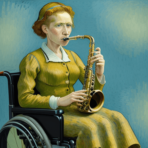 AI generated: yound woman, playing clarinet, wheelchair, tired eyes, van gogh style