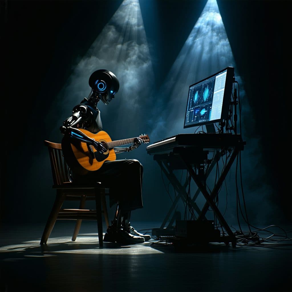 AI generated: A highly detailed, photorealistic black and white image, set on a dark, minimalist stage with dramat...