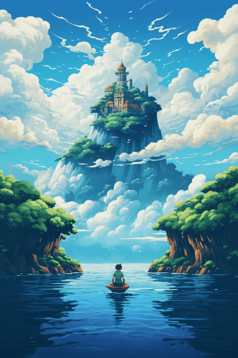 AI generated: 
16 bit pixel art, epic composition of a explorer in a boat reaching an island in the clouds, by st...
