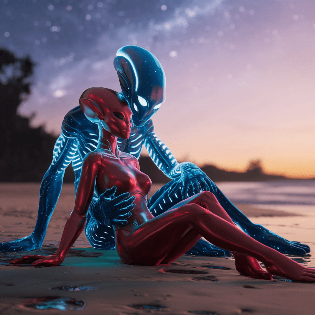 AI generated: Whimsical. A couple of aliens (male and female) in love, they are sitting down on the beach, the mal...