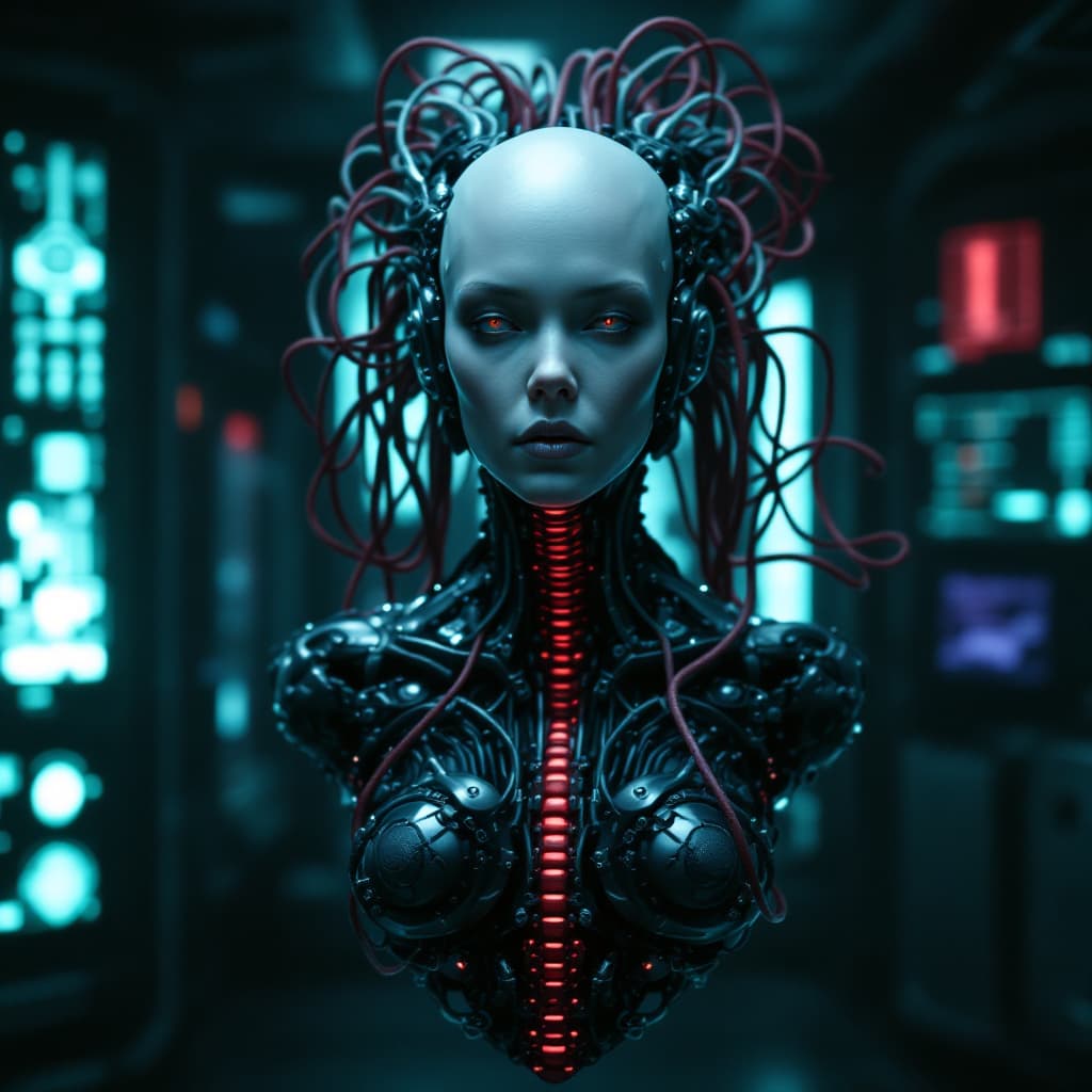 AI generated: 2/3rds body turn, The Borg Queen’s  body is a torso-only bust,  with a complex, red and dark-gray sp...