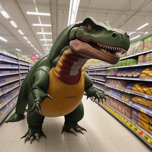 AI generated: Hyper realistic Giant T Rex Dinosaur inflatable costume in supermarket, shopping pushing trolly fill...