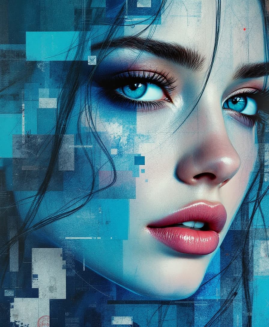 AI generated: Print collage featuring a woman's face, blending influences from artists like Josef Kote and Antonio...