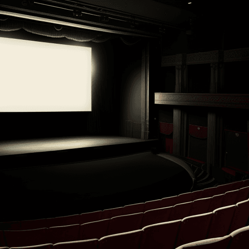 AI generated: a white blank sign on a small old theater stage, cinematic light