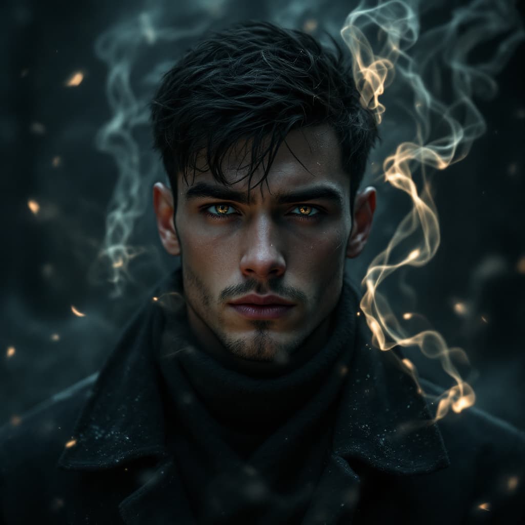 AI generated: A young man with sharp facial features, short dark hair, and deep, expressive eyes stands alone in d...