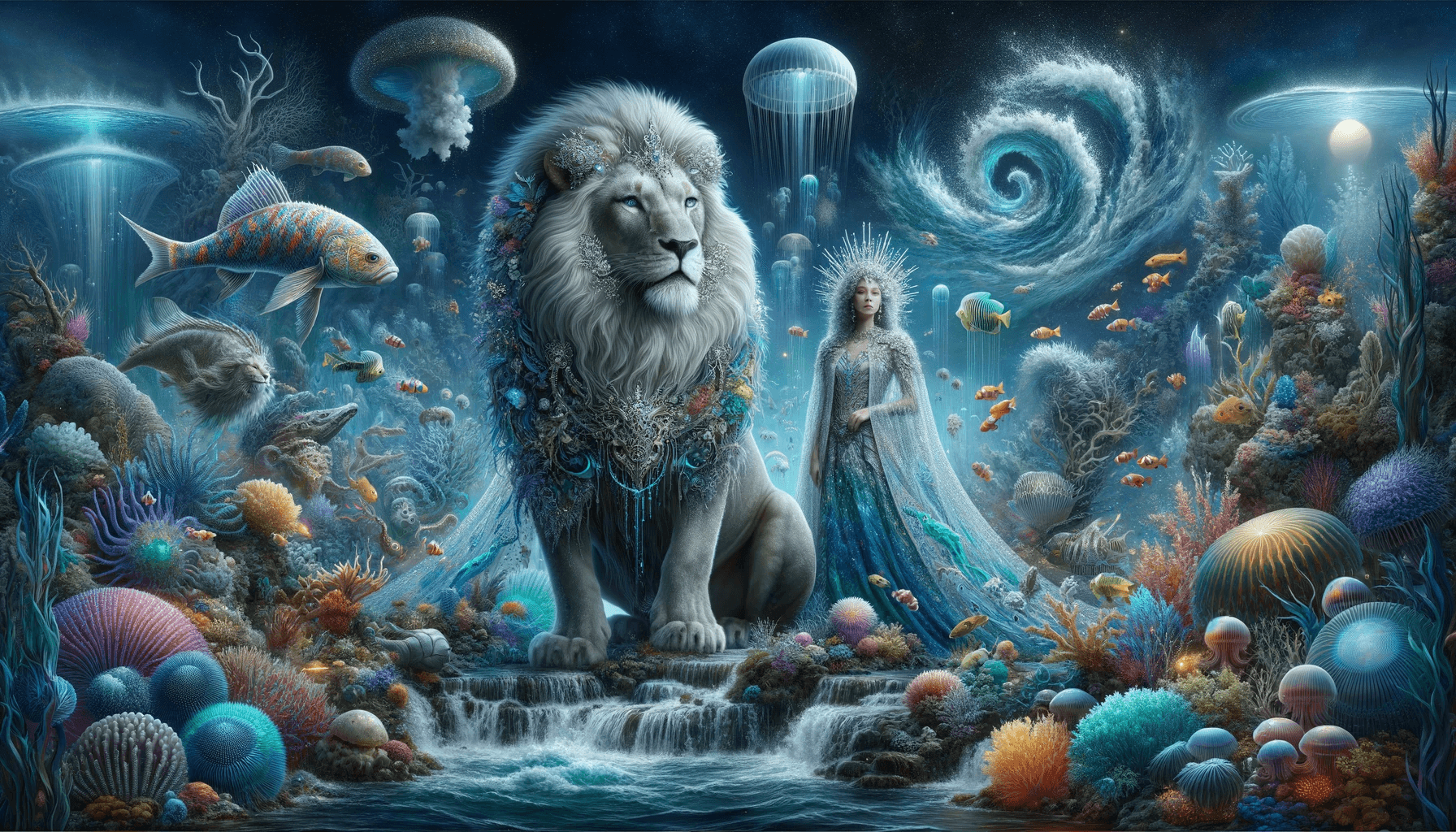 AI generated: Create a hyper-maximalist, detailed cinematic painting of a majestic lion and its king in an aquatic...