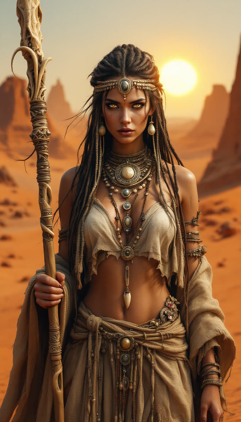 AI generated: An ultra-realistic, full-body static presentation of a desert witch woman, radiating a powerful, unt...
