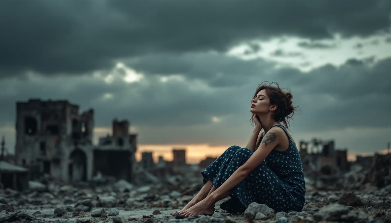 AI generated: WOMAN SITTING ON THE GROUND WITH CLOSED EYES, AGAINST THE BACKGROUND OF A DESTROYED CITY, DARK SKY