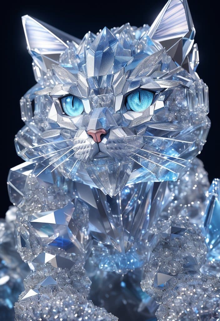 AI generated: a close up of a cat (made from a many cristal fragmrnts:1.2), (crystal cubism:1.2), with blue eyes, ...