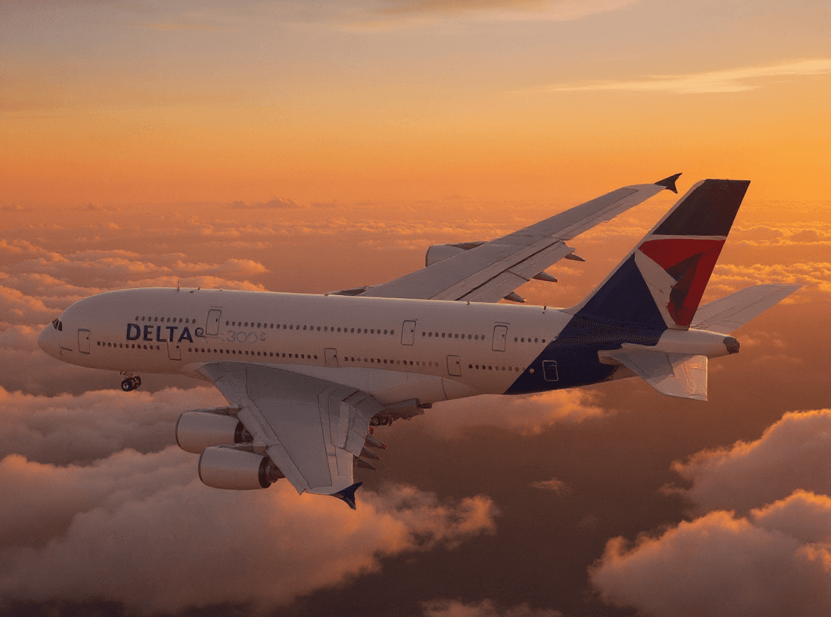 AI generated: A 4K, photorealistic image of a Delta A380 flying through the clouds at sunset.