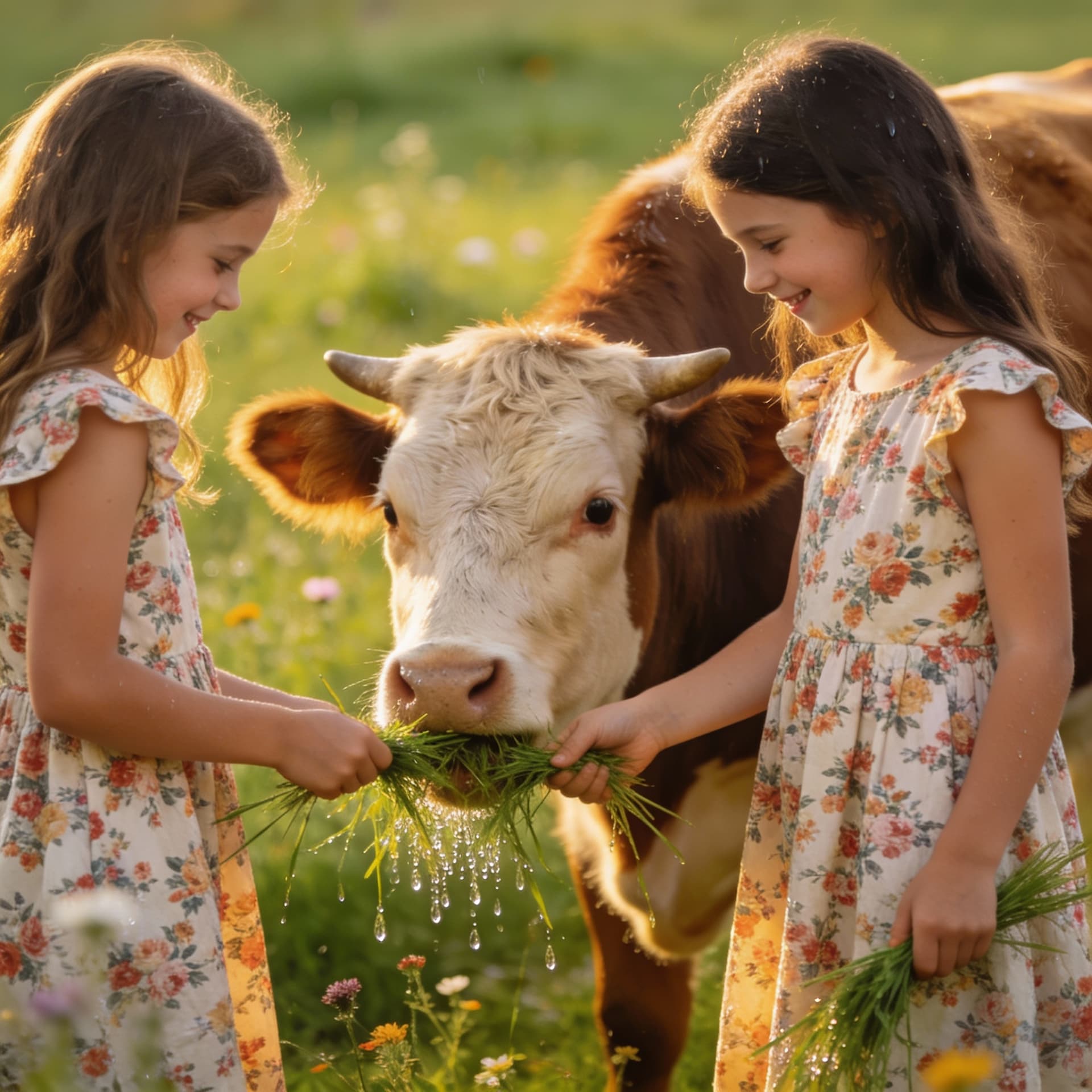 AI generated: Two sisters standing near cow with grass for feeding it both are wearing same dress