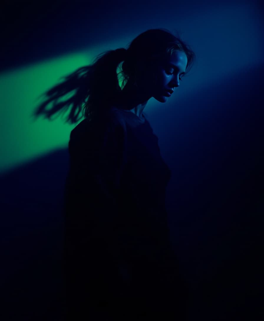 AI generated: artistic photography, dark moody, atmospheric scene where a woman model stands contemplatively, cast...