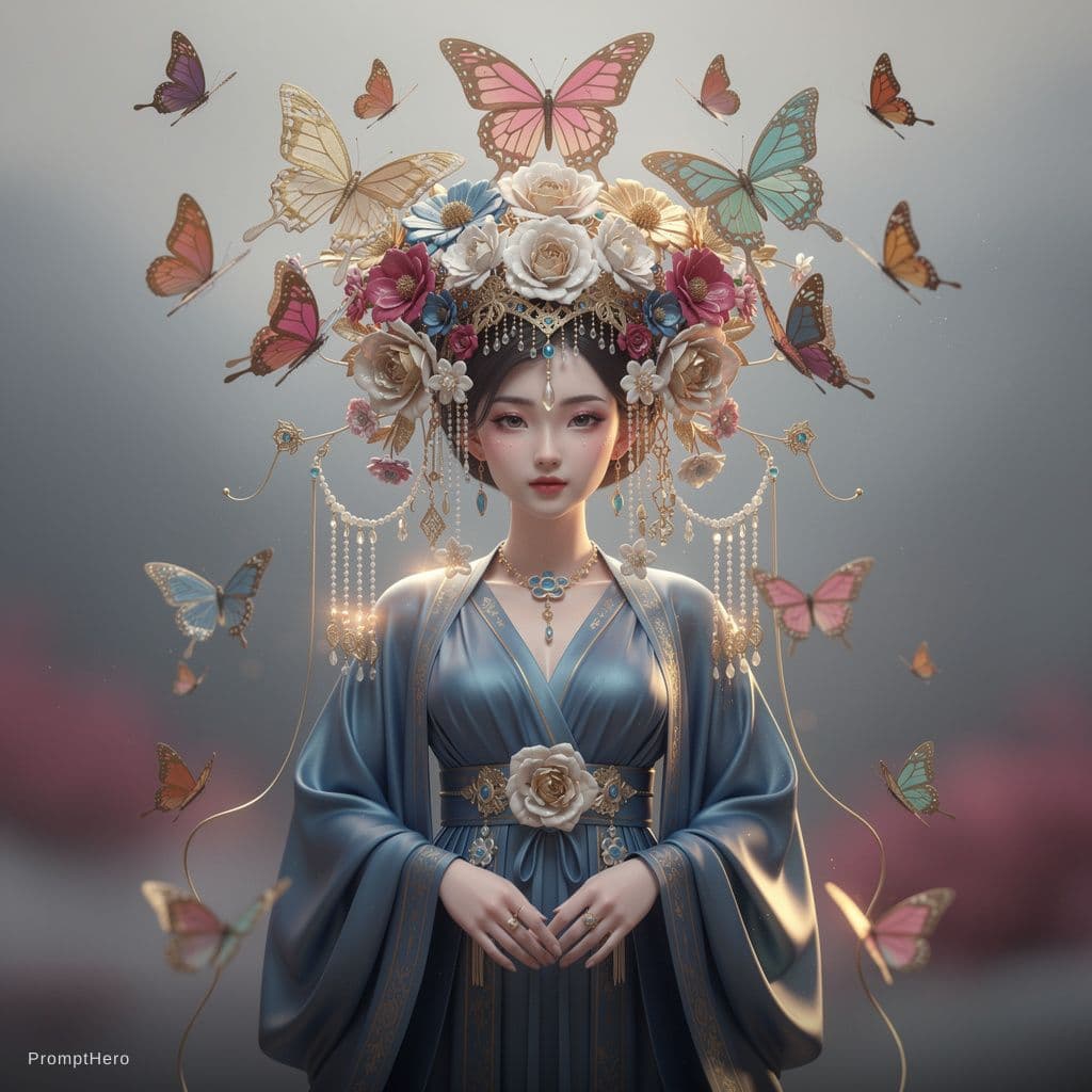 AI generated: Surreal, a beautiful Japanese woman wears a beautiful blue dress and has many colorful butterflies f...