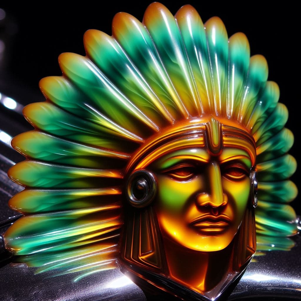 AI generated: 1930s car-hood ornament, Indian Chief, made of uranium glass, colorful glow, style of Streamline Mod...